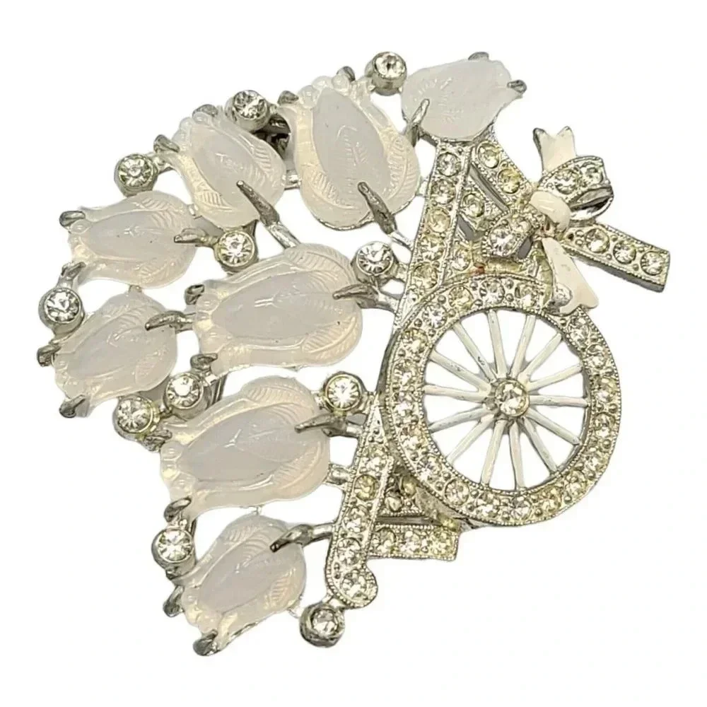 Pave White Enamel Moonstone Fruit Salad Flower Basket Cart Wheelbarrow Bow Pin